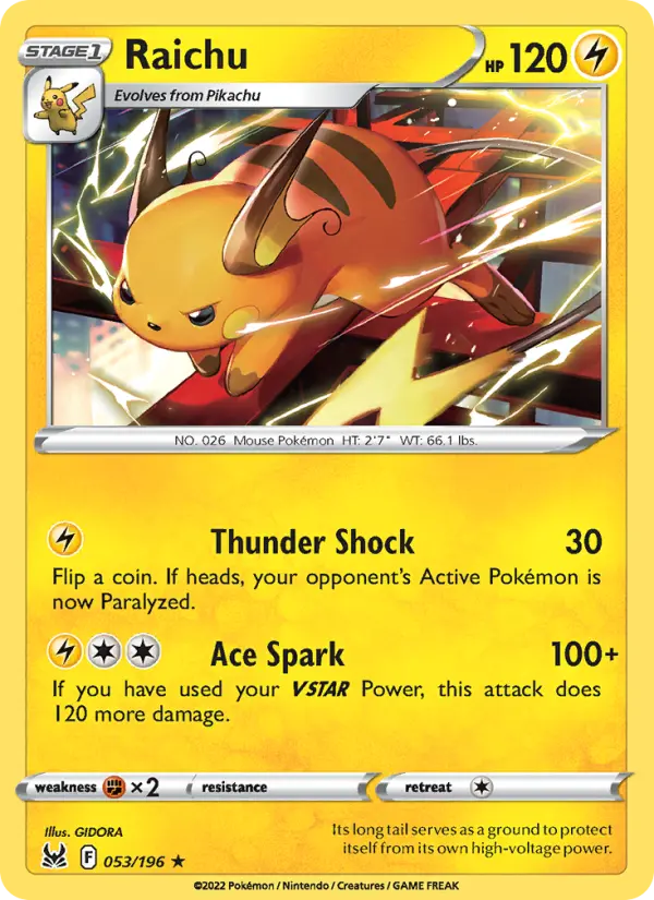 Raichu Rare Pokemon card #053 from Lost Origin