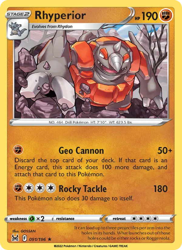 Rhyperior Rare Pokemon card #091 from Lost Origin