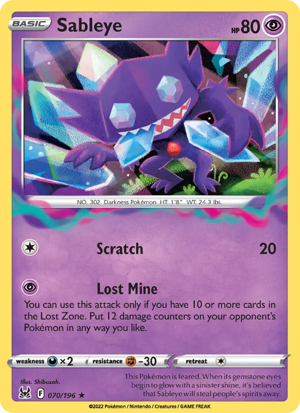 Sableye Holo Rare Pokemon card #070 from Lost Origin