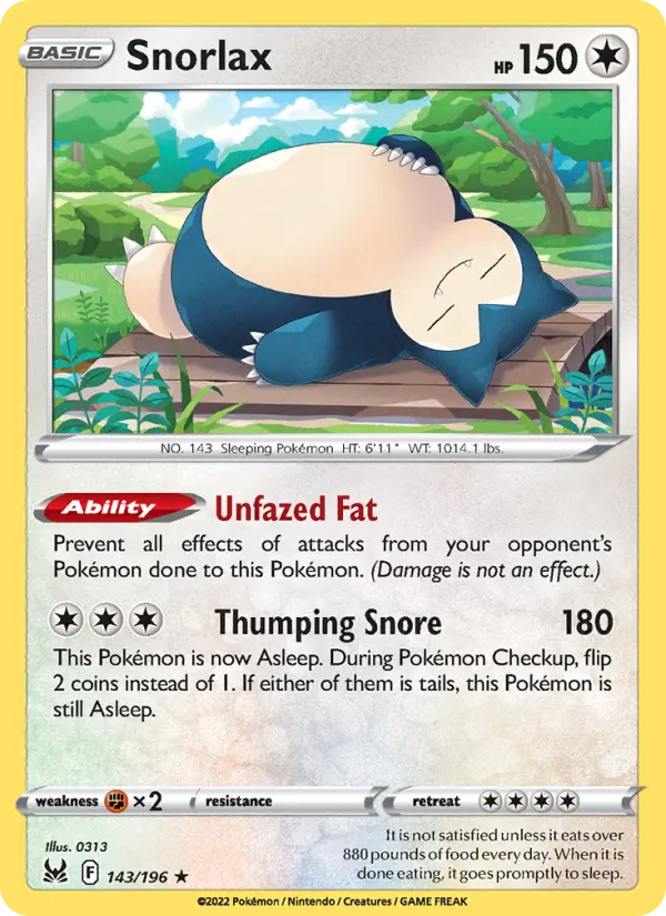 Snorlax Holo Rare Pokemon card #143 from Lost Origin