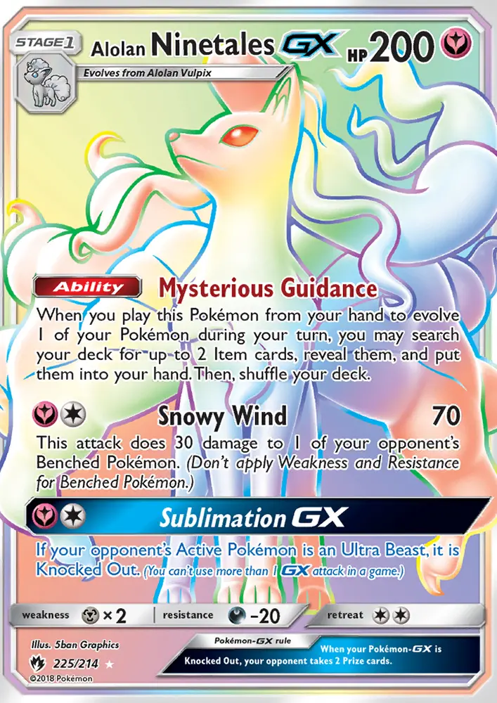 Alolan Ninetales GX Secret Rare Pokemon card #225 from Lost Thunder