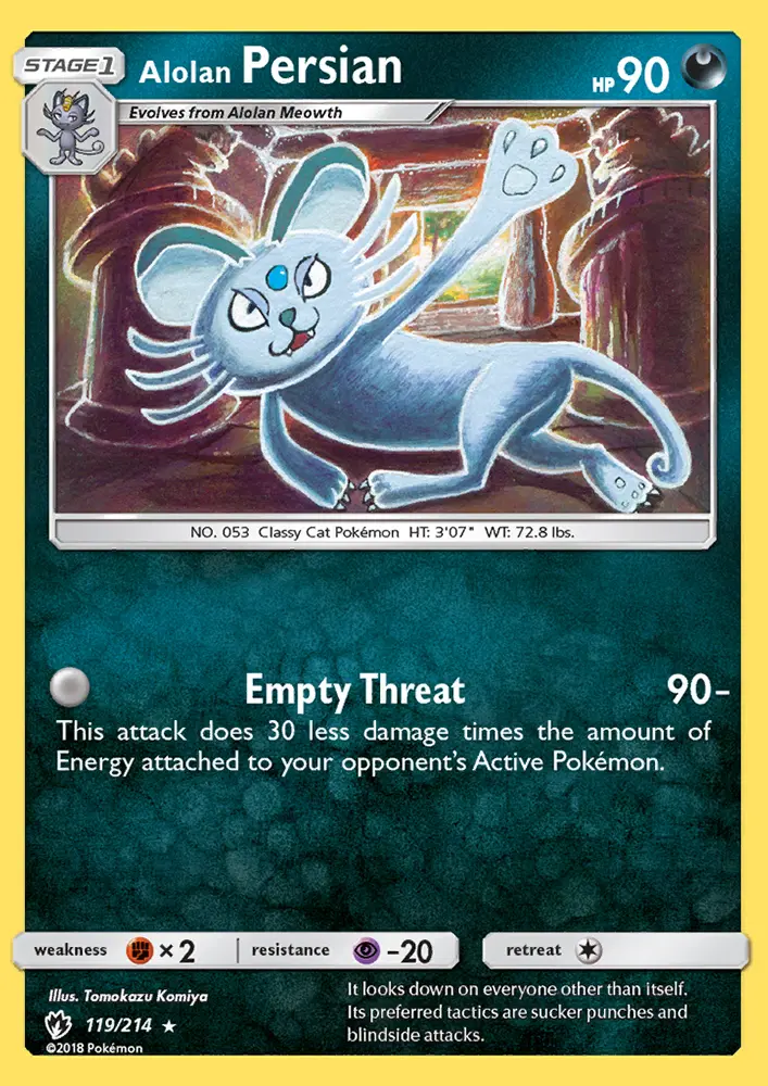 Alolan Persian Rare Pokemon card #119 from Lost Thunder