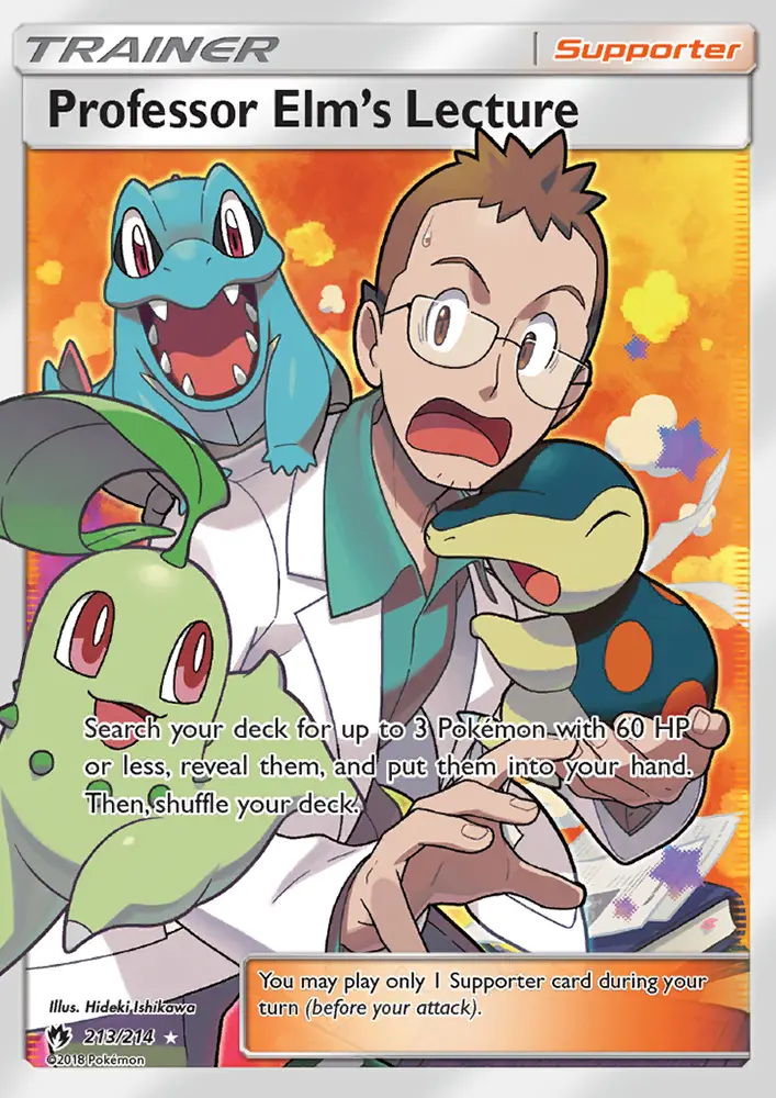 Professor Elm’s Lecture Ultra Rare Pokemon card #213 from Lost Thunder
