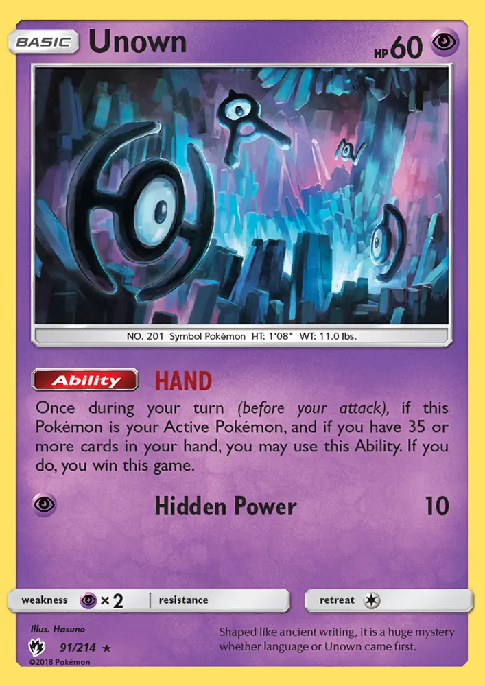 Unown Rare Pokemon card #91 from Lost Thunder