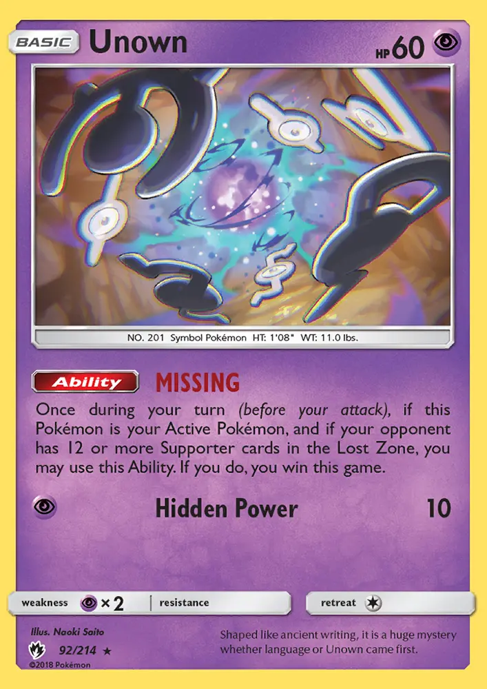 Unown Rare Pokemon card #92 from Lost Thunder