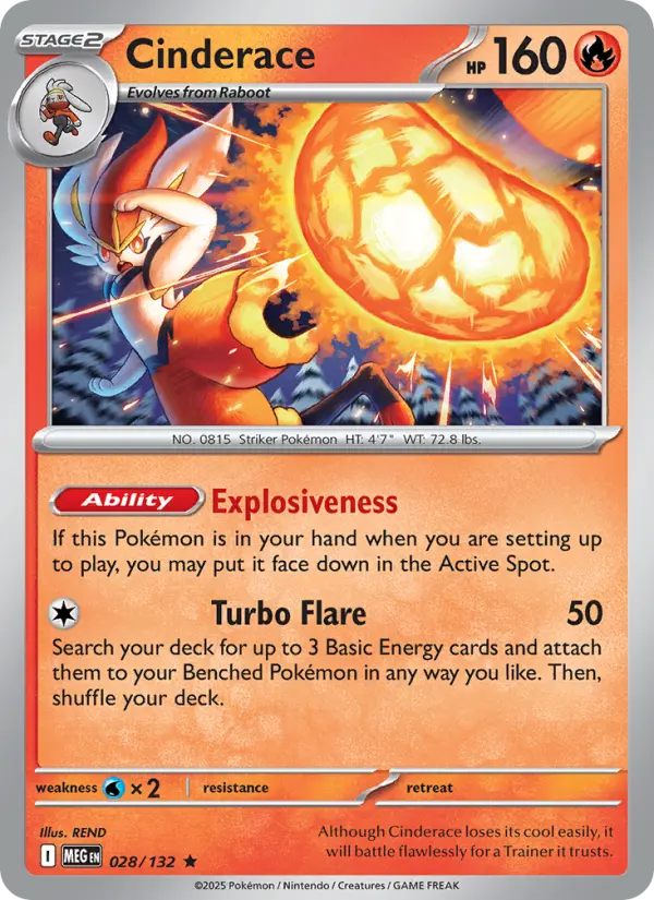Cinderace Rare Pokemon card #028 from Mega Evolution