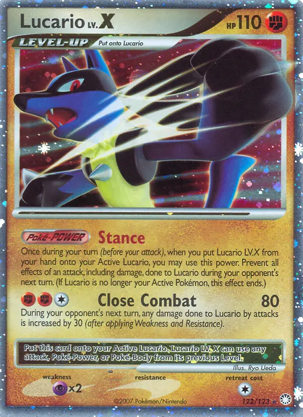 Lucario Rare Holo LV.X Pokemon card #122 from Mysterious Treasures