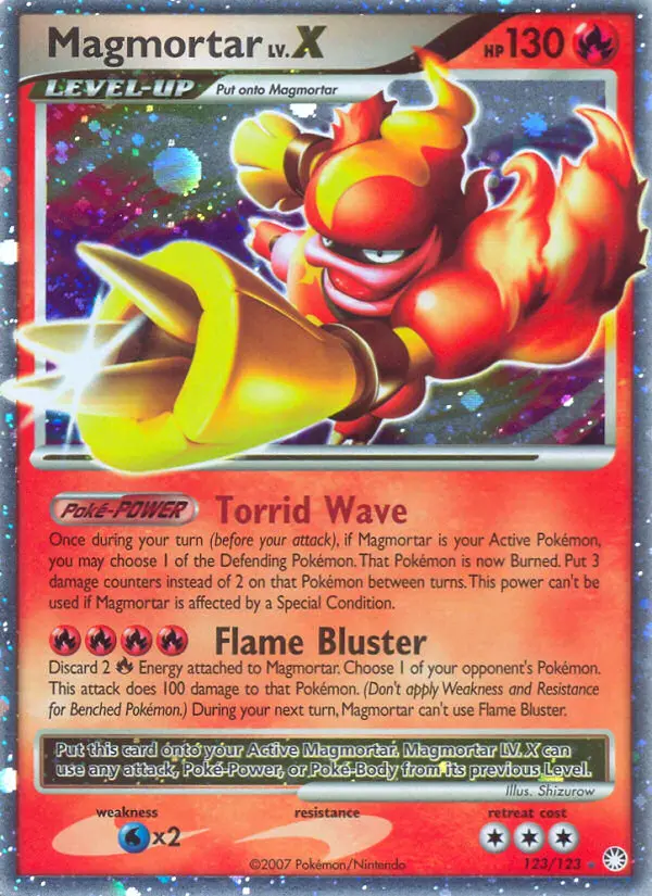 Magmortar Rare Holo LV.X Pokemon card #123 from Mysterious Treasures