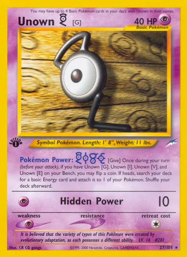 Unown [G] Rare Pokemon card #27 from Neo Destiny