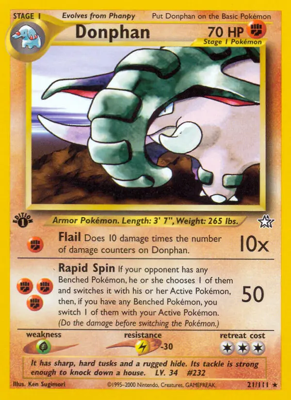 Donphan Rare Pokemon card #21 from Neo Genesis