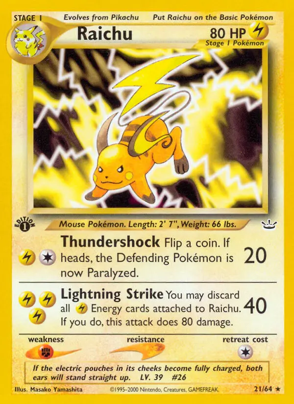 Raichu Rare Pokemon card #21 from Neo Revelation