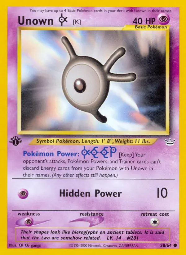 Unown [K] Common Pokemon card #58 from Neo Revelation