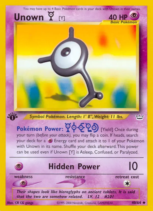 Unown [Y] Uncommon Pokemon card #40 from Neo Revelation