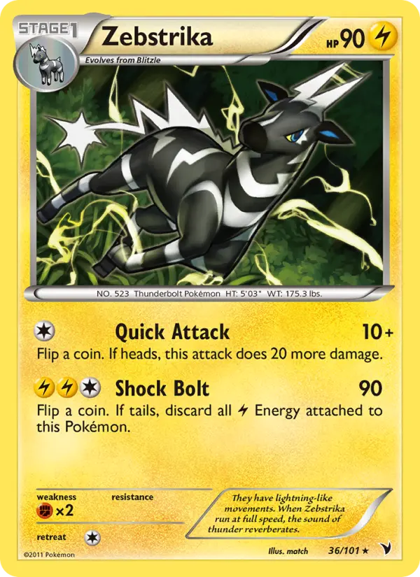 Zebstrika Rare Pokemon card #36 from Noble Victories