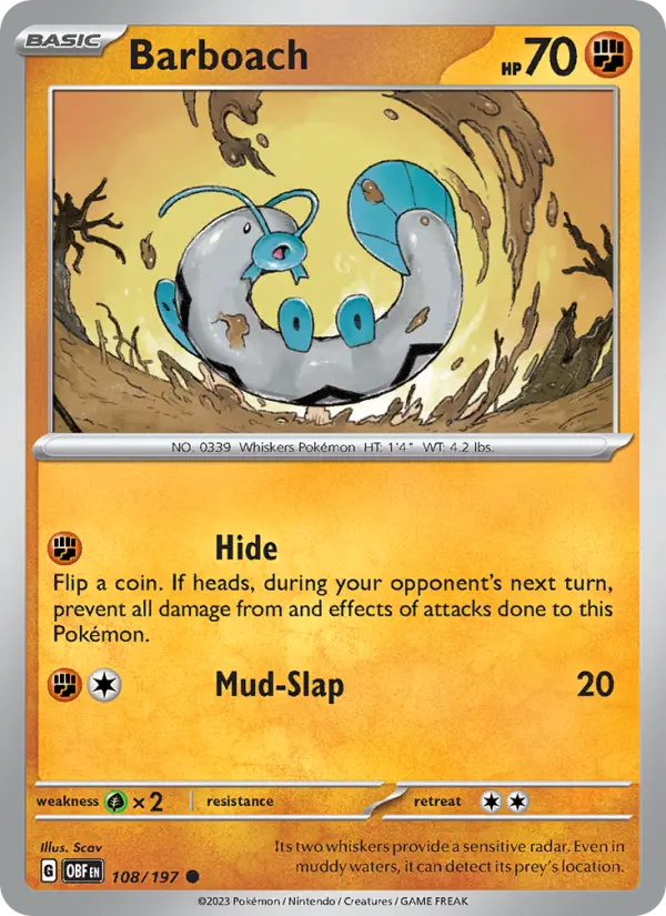 Barboach Common Pokemon card #108 from Obsidian Flames