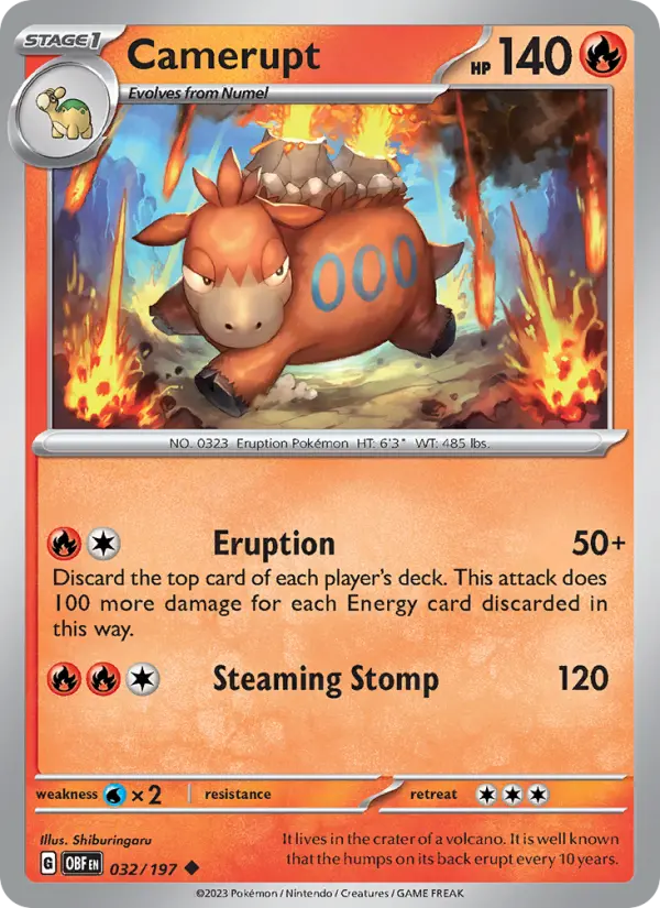 Camerupt Uncommon Pokemon card #032 from Obsidian Flames