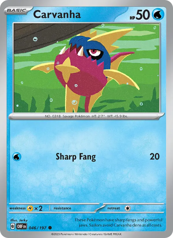 Carvanha Common Pokemon card #046 from Obsidian Flames
