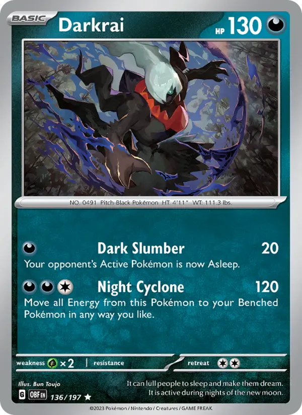 Darkrai Rare Pokemon card #136 from Obsidian Flames