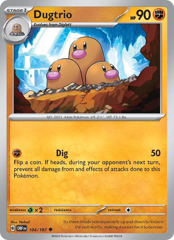 Dugtrio Uncommon Pokemon card #104 from Obsidian Flames