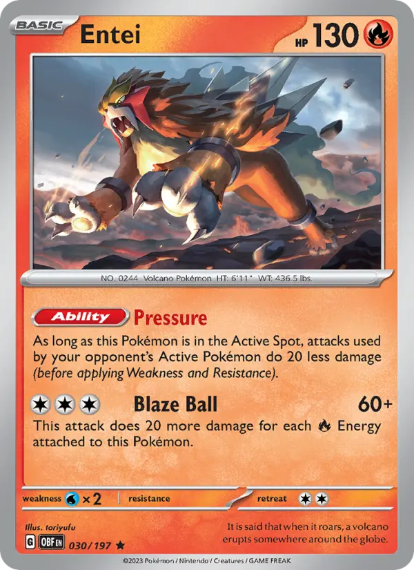 Entei Rare Pokemon card #030 from Obsidian Flames