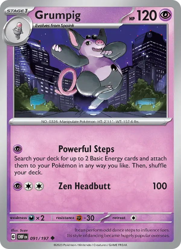 Grumpig Uncommon Pokemon card #091 from Obsidian Flames