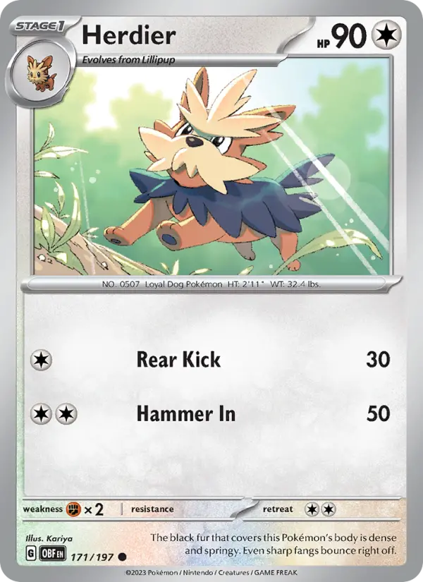 Herdier Common Pokemon card #171 from Obsidian Flames