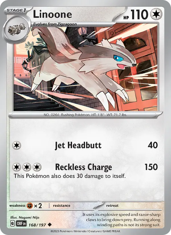Linoone Uncommon Pokemon card #168 from Obsidian Flames