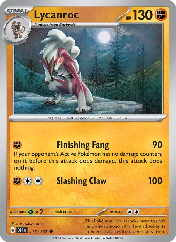 Lycanroc Uncommon Pokemon card #117 from Obsidian Flames