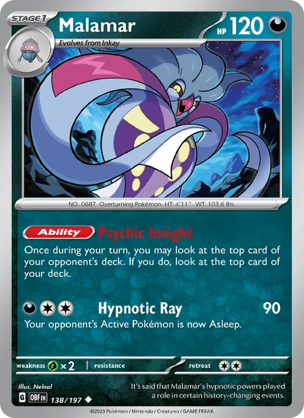 Malamar Uncommon Pokemon card #138 from Obsidian Flames