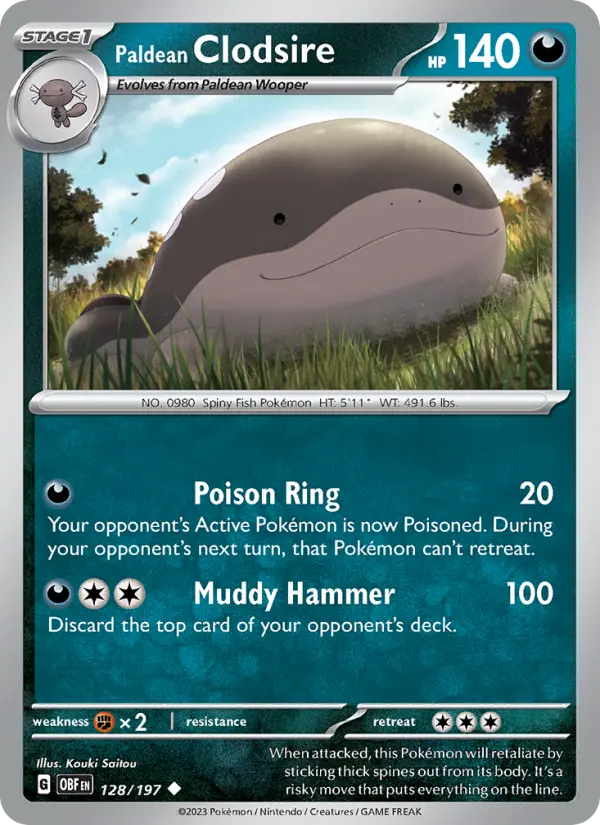 Paldean Clodsire Uncommon Pokemon card #128 from Obsidian Flames