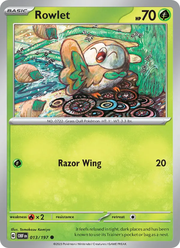 Rowlet Common Pokemon card #013 from Obsidian Flames