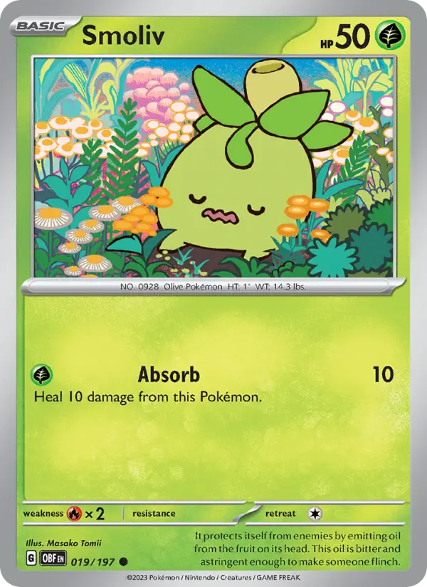 Smoliv Common Pokemon card #019 from Obsidian Flames