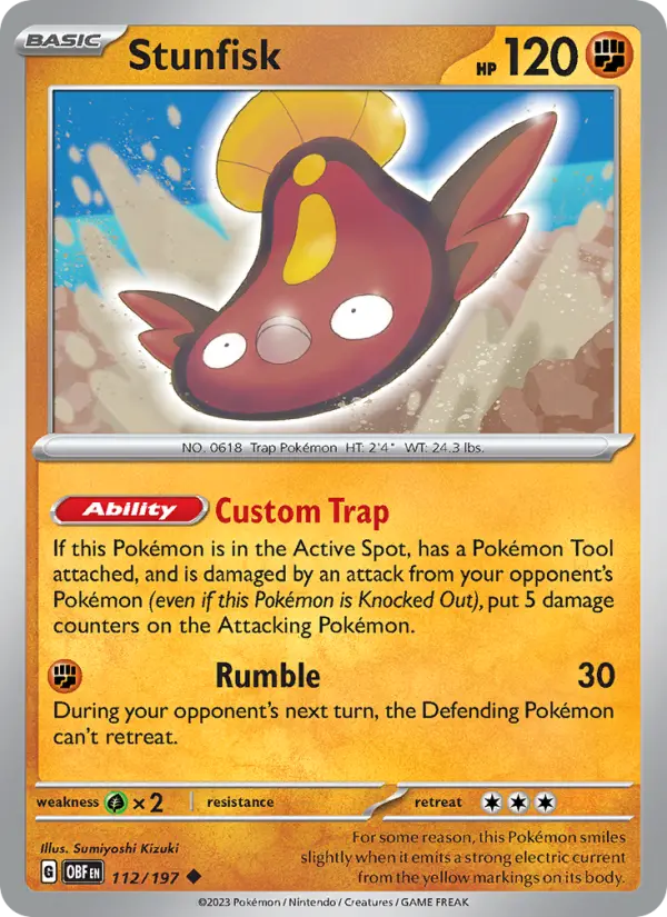 Stunfisk Uncommon Pokemon card #112 from Obsidian Flames