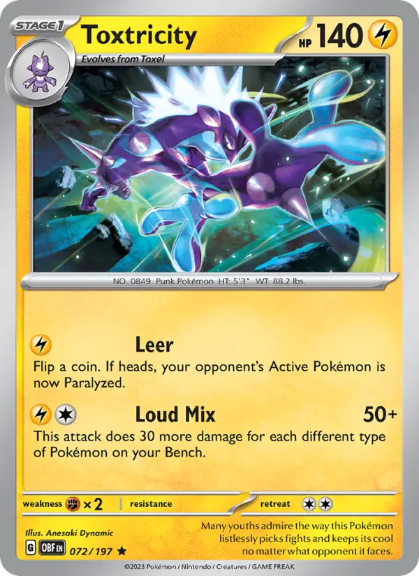 Toxtricity Rare Pokemon card #072 from Obsidian Flames