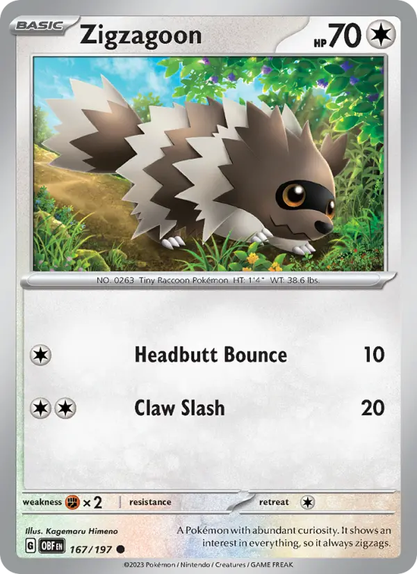 Zigzagoon Common Pokemon card #167 from Obsidian Flames