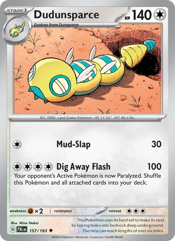 Dudunsparce Uncommon Pokemon card #157 from Paldea Evolved