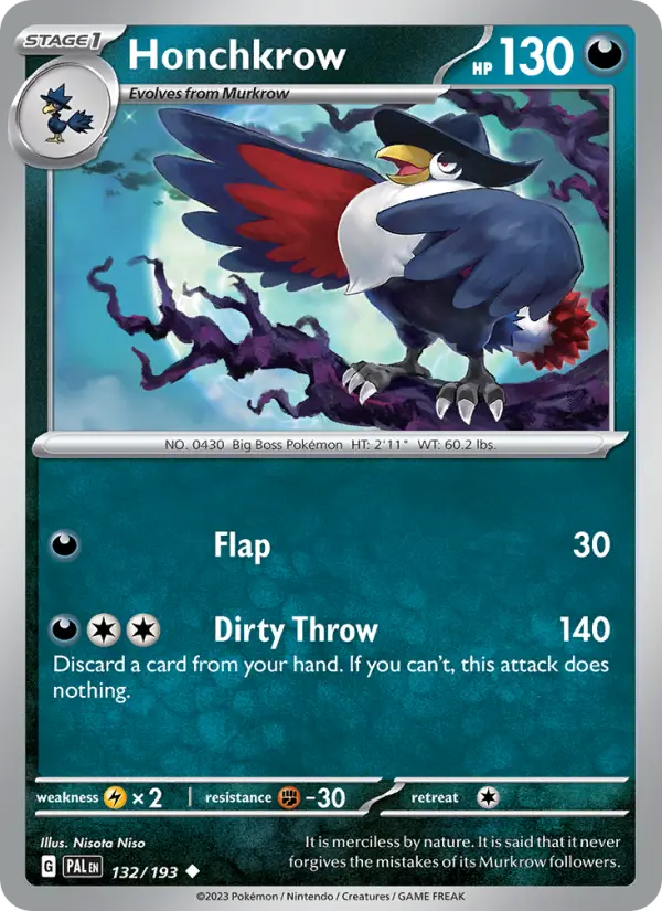 Honchkrow Uncommon Pokemon card #132 from Paldea Evolved