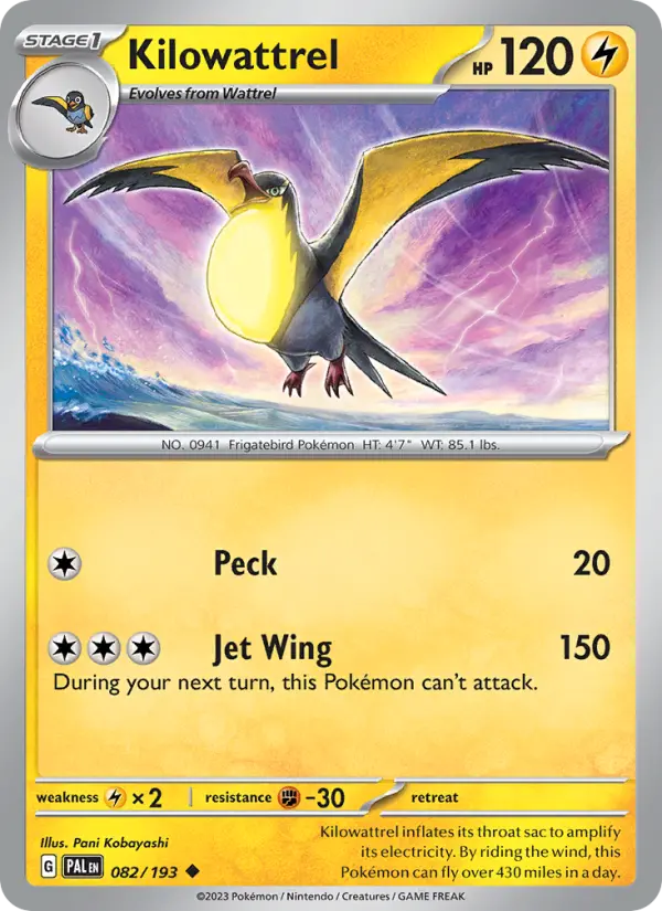 Kilowattrel Uncommon Pokemon card #082 from Paldea Evolved