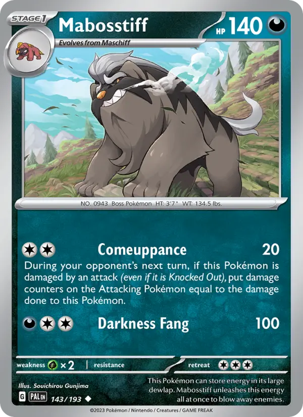 Mabosstiff Uncommon Pokemon card #143 from Paldea Evolved