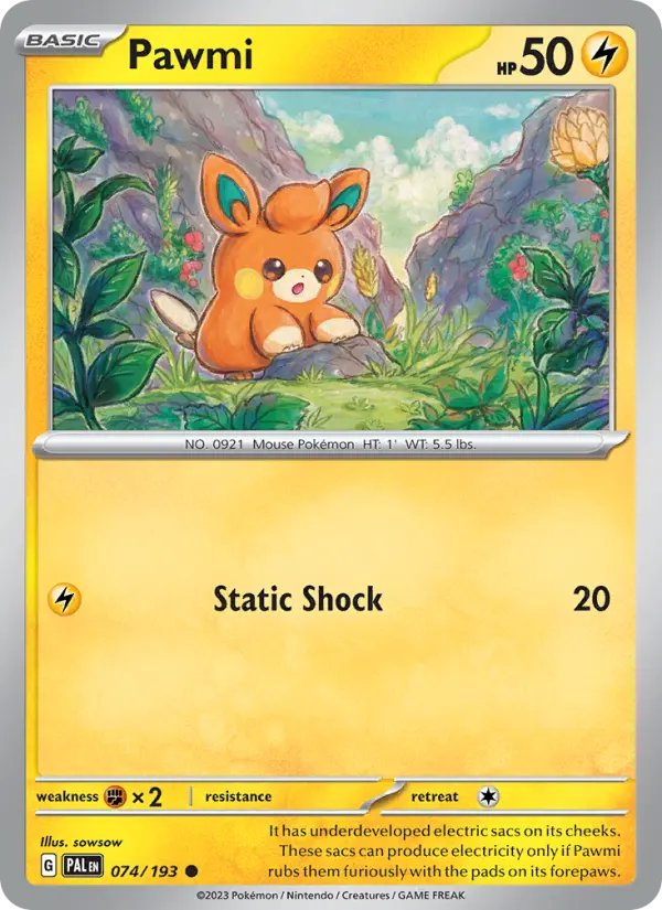 Pawmi Common Pokemon card #074 from Paldea Evolved
