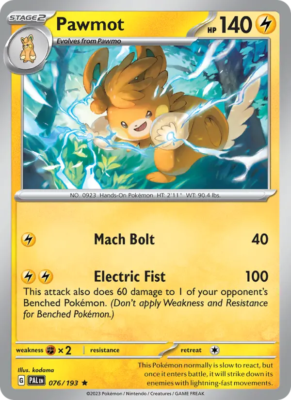 Pawmot Rare Pokemon card #076 from Paldea Evolved