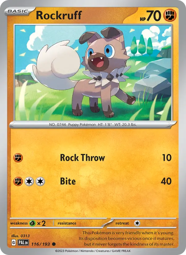 Rockruff Common Pokemon card #116 from Paldea Evolved