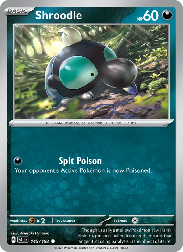 Shroodle Common Pokemon card #145 from Paldea Evolved