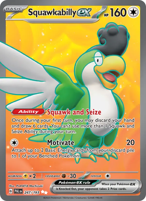 Squawkabilly ex Ultra Rare Pokemon card #247 from Paldea Evolved