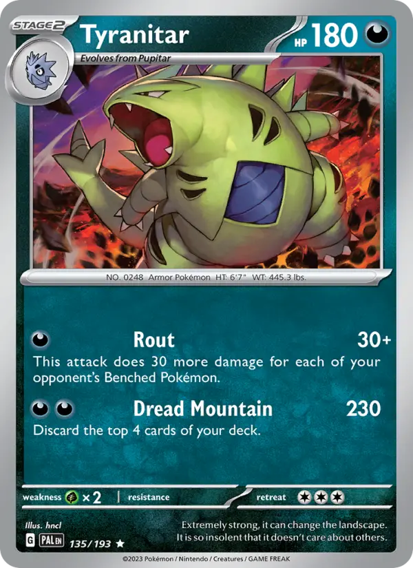 Tyranitar Rare Pokemon card #135 from Paldea Evolved