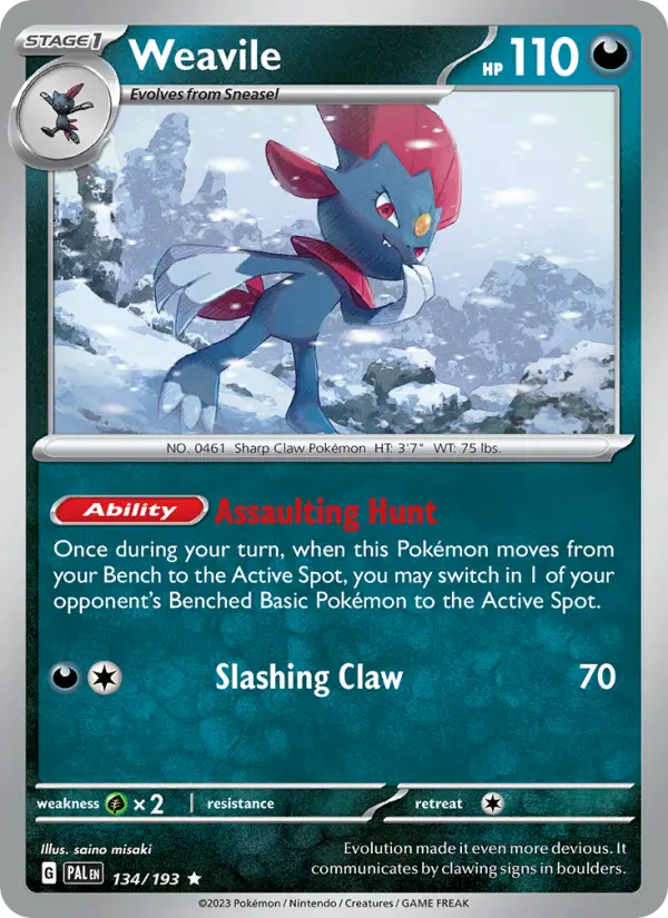 Weavile Rare Pokemon card #134 from Paldea Evolved