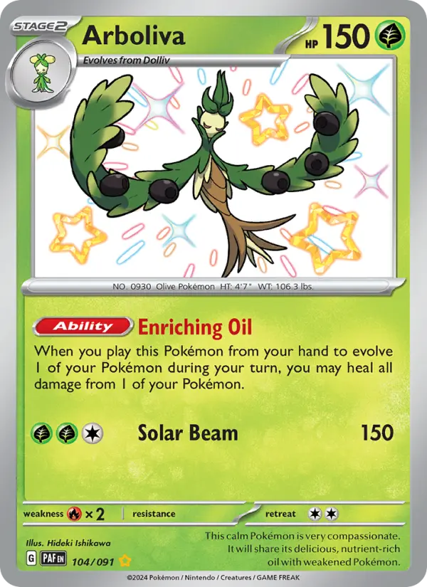 Arboliva Shiny rare Pokemon card #104 from Paldean Fates