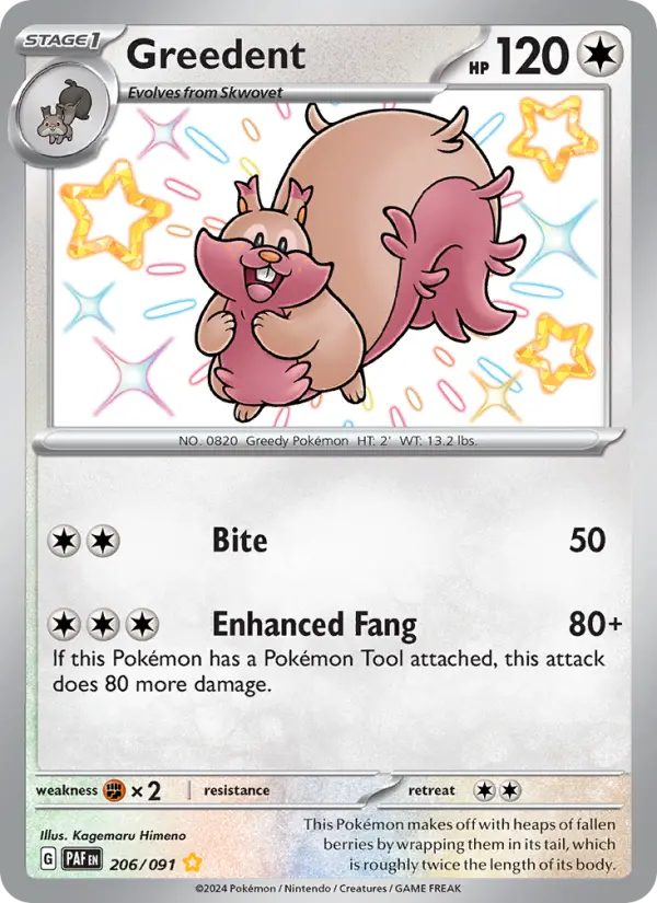 Greedent Shiny rare Pokemon card #206 from Paldean Fates
