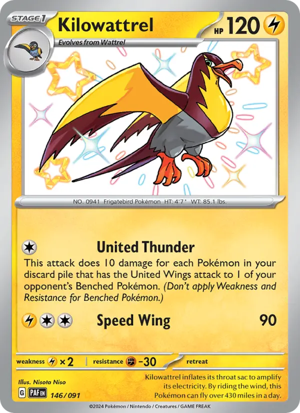 Kilowattrel Shiny rare Pokemon card #146 from Paldean Fates