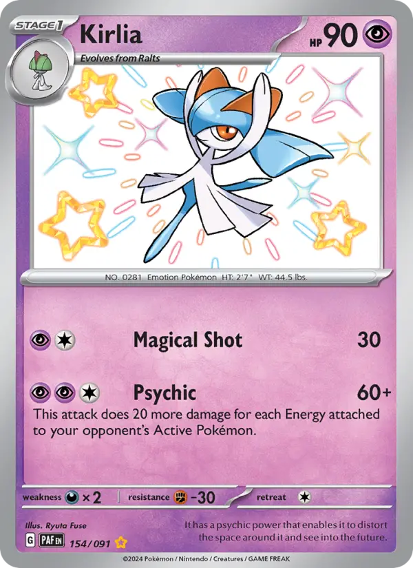 Kirlia Shiny rare Pokemon card #154 from Paldean Fates